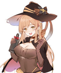 Rule 34 | 1girl, :d, black cape, black hat, blush, bottle, bow, breasts, brown bow, brown choker, brown eyes, brown gloves, brown shirt, cape, choker, cleavage, elbow gloves, food, girls&#039; frontline, gloves, hair between eyes, hands up, hat, hat bow, head tilt, highres, holding, holding bottle, holding food, light brown hair, long hair, looking at viewer, medium breasts, multicolored cape, multicolored clothes, official alternate costume, open mouth, red cape, rero (bigdoorbig2), shirt, smile, solo, springfield (classic witch) (girls&#039; frontline), springfield (girls&#039; frontline), striped, striped bow, teeth, upper teeth only, very long hair, witch hat