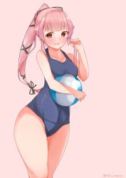 Rule 34 | 1girl, absurdres, alternate costume, alternate eye color, ball, beachball, black ribbon, blue eyes, blue one-piece swimsuit, blush, breast press, breasts, collarbone, covered navel, hair flaps, hair ribbon, highres, kantai collection, long hair, looking at viewer, old school swimsuit, one-piece swimsuit, open mouth, pink background, pink hair, ponytail, ribbon, school swimsuit, side ponytail, simple background, small breasts, smile, solo, swimsuit, twitter username, uut, very long hair, yura (kancolle)