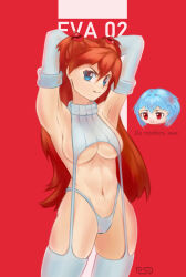 Rule 34 | 2girls, absurdres, armpits, arms behind head, arms up, ayanami rei, backless outfit, bare shoulders, belly, blue eyes, breasts, brown hair, chibi, cowboy shot, curvy, expressionless, hair between eyes, highres, large breasts, looking at viewer, meme attire, multiple girls, muscular, muscular female, navel, neon genesis evangelion, panties, ribbed legwear, ribbed sleeves, ribbed sweater, russian text, simple background, smile, souryuu asuka langley, standing, starflight, stomach, sweater, thighhighs, turtleneck, turtleneck sweater, underboob, underwear, virgin destroyer sweater, white panties