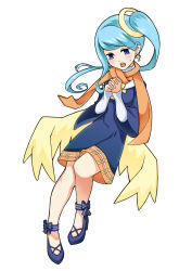 Rule 34 | 1girl, angel, blue eyes, blue hair, blush, cross, female focus, full body, halo, highres, long hair, matching hair/eyes, nun, open mouth, original, pointy ears, scarf, side ponytail, simple background, skirt, sleeves past wrists, solo, sweatdrop, white background, wings