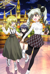 Rule 34 | 3girls, :d, absurdres, anchovy (girls und panzer), beanie, black hair, black legwear, black ribbon, black shirt, blonde hair, branch, brown pants, brown shorts, building, camera, carpaccio (girls und panzer), castle, christmas lights, clock, clock tower, dress, drill hair, fence, girls und panzer, green eyes, green hair, green skirt, hair ribbon, hat, highres, holding, holding camera, holding hands, ice, ice skates, ice skating, index finger raised, long skirt, multiple girls, night, night sky, official art, open mouth, outdoors, pants, pantyhose, pepperoni (girls und panzer), plaid, plaid skirt, red eyes, ribbon, shirt, shorts, skates, skating, skating rink, skirt, sky, smile, standing, sweater, tower, tree, twin drills, twintails, wang guo nian, window, winter, wooden fence, yellow eyes