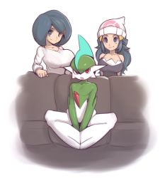 Rule 34 | 1boy, 2girls, beanie, blue eyes, blue hair, breasts, cleavage, couch, creatures (company), dawn (pokemon), gallade, game freak, gen 4 pokemon, hair ornament, hairclip, hat, highres, huge breasts, indian style, johanna (pokemon), large breasts, long hair, mature female, meme, mother (pokemon), mother and daughter, multiple girls, mystical, nintendo, on couch, piper perri surrounded (meme), pokemon, pokemon (anime), pokemon (creature), pokemon dppt, pokemon dppt (anime), red eyes, role reversal, short hair, sitting, surrounded, swept bangs