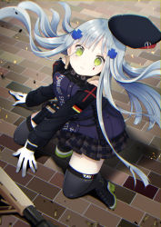 Rule 34 | 1girl, assault rifle, beret, black thighhighs, blush, bullet, cross, crying, crying with eyes open, dropping, facepaint, floating hair, from above, full body, german flag, girls&#039; frontline, gloves, gun, h&amp;k hk416, hat, hk416 (girls&#039; frontline), iron cross, jacket, kneeling, long hair, looking at viewer, looking up, magazine (weapon), mdkp, military jacket, miniskirt, outdoors, parted lips, plaid, plaid skirt, pleated skirt, rifle, skirt, solo, teardrop, tears, thighhighs, thighs, very long hair, weapon, wide-eyed
