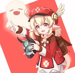 Rule 34 | 1girl, ahoge, backpack, bag, blonde hair, cabbie hat, clover, clover print, coat, commentary, feathers, genshin impact, hat, hat feather, highres, holding, klee (genshin impact), low twintails, open mouth, pointing, randoseru, red coat, red eyes, red hat, smile, solo, twintails, white feathers, yoga (29985496)