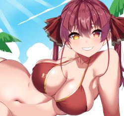 Rule 34 | 1girl, bikini, blush, breasts, cleavage, collarbone, for-somebody, heterochromia, hololive, houshou marine, large breasts, long hair, looking at viewer, navel, palm tree, red bikini, red eyes, red hair, sky, smile, solo, stomach, swimsuit, tree, virtual youtuber, yellow eyes