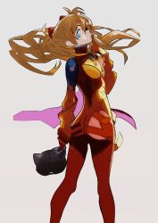 Rule 34 | 1girl, absurdres, artist request, ass, blue eyes, bodysuit, breasts, brown hair, evangelion: 3.0 you can (not) redo, eyepatch, floating hair, hair ornament, hat, highres, interface headset, jacket, unworn jacket, long hair, looking at viewer, looking back, neon genesis evangelion, plugsuit, rebuild of evangelion, shiny clothes, simple background, solo, souryuu asuka langley, standing, very long hair, wide hips