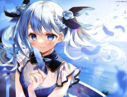 Rule 34 | 1girl, absurdres, blue bow, blue eyes, blue flower, blue hair, blue rose, blue sky, blush, bow, braid, feathers, flower, highres, holding, holding feather, long hair, looking at viewer, original, outdoors, rose, short sleeves, sky, smile, solo, standing, suimya, twintails, upper body, water