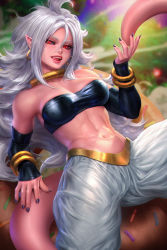 Rule 34 | 1girl, abs, android 21, bangle, black nails, black sclera, bracelet, colored sclera, colored skin, cowboy shot, dragon ball, dragon ball fighterz, earrings, hand up, jewelry, long hair, looking at viewer, majin android 21, midriff, nail polish, navel, neoartcore, open mouth, pants, pink skin, pointy ears, red eyes, smile, solo, tail, very long hair, white hair, white pants