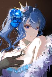 Rule 34 | 1girl, black gloves, blue dress, blue eyes, blue flower, blue hair, closed mouth, commentary request, crown, dark background, dress, feather boa, flower, gloves, hair between eyes, hair flower, hair ornament, highres, hololive, hoshimachi suisei, jewelry, long hair, looking at viewer, mini crown, necklace, phos (s phos), side ponytail, smile, solo, strapless, strapless dress, upper body, virtual youtuber