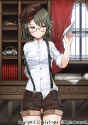 Rule 34 | 1girl, arm behind back, bad id, bad pixiv id, blush, blush stickers, book, bookshelf, breasts, brown eyes, brown hair, brown hat, brown shorts, buttons, carchet, closed mouth, commentary request, cropped legs, cuffed, curtains, glasses, hair between eyes, hat, holding, indoors, looking at viewer, medium breasts, model airplane, original, paper airplane, red curtains, shirt, short hair, shorts, sid story, sleeves rolled up, solo, suspenders, toy airplane, toy car, white shirt, window