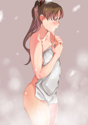 Rule 34 | 10s, 1girl, ass, ayanami (kancolle), blush, brown eyes, brown hair, covering privates, kantai collection, kunifuto, naked towel, nude cover, ponytail, solo, steam, towel