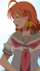 Rule 34 | 1girl, artist name, artist request, blush, bow, breasts, clover hair ornament, collarbone, detached sleeves, doki2sdale, closed eyes, female focus, hair bow, hair ornament, hairclip, highres, long sleeves, looking at viewer, love live!, love live! sunshine!!, medium breasts, orange hair, parted lips, red neckwear, ribbon, sailor collar, school uniform, shirt, short hair, smile, solo, takami chika, white shirt, yellow bow