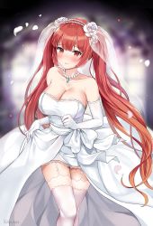 Rule 34 | 1girl, azur lane, bare shoulders, blurry, blush, breasts, bridal veil, bride, cleavage, collarbone, depth of field, dress, elbow gloves, flower, garter straps, gloves, hair flower, hair ornament, highres, honolulu (azur lane), jewelry, kaetzchen, large breasts, long hair, looking at viewer, md5 mismatch, necklace, pearl necklace, red eyes, red hair, resolution mismatch, see-through, solo, source smaller, thighhighs, thighs, twintails, veil, very long hair, wedding, wedding dress, white dress, white thighhighs