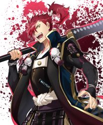 Rule 34 | absurdres, armor, commentary request, fate/grand order, fate (series), gloves, hair over one eye, highres, holding, japanese clothes, long hair, long sleeves, male focus, mori nagayoshi (fate), onasu (sawagani), open mouth, ponytail, red hair, sharp teeth, smile, spiked hair, sword, teeth, weapon, yellow eyes