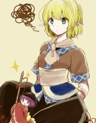 Rule 34 | 2girls, arm warmers, bad id, bad pixiv id, blonde hair, bowl, bowl hat, frown, green eyes, hat, highres, japanese clothes, kimono, mini person, minigirl, mizuhashi parsee, multiple girls, needle, no nose, obi, pointy ears, purple eyes, purple hair, sash, short hair, sketch, sleeves past wrists, sparkle, squiggle, string, string of fate, sukuna shinmyoumaru, tama (hiroshige 36), touhou, wide sleeves