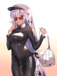Rule 34 | 1girl, altera (fate), altera (traveling outfit) (fate), arms up, bag, black dress, black ribbon, blunt bangs, breasts, covered navel, dark-skinned female, dark skin, dress, drooling, duffel bag, expressionless, fate/grand order, fate (series), fingernails, glasses, gradient background, grey hair, headband, heiyan shenshi, heroic spirit traveling outfit, highres, long sleeves, looking at viewer, medium breasts, mouth hold, pink background, red-framed eyewear, red eyes, ribbon, saliva, short hair, sidelocks, solo, standing, turtleneck, veil, visor cap, white background
