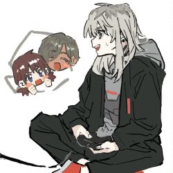 Rule 34 | 3girls, black jacket, black pants, blue eyes, blush stickers, brown hair, commentary request, controller, crossed legs, dark-skinned female, dark skin, earrings, game controller, ggzi152437, girls band cry, grey hair, grey hoodie, holding, holding controller, holding game controller, hood, hoodie, iseri nina, jacket, jewelry, kawaragi momoka, multicolored hair, multiple girls, pants, roots (hair), rupa (girls band cry), short twintails, simple background, sitting, twintails, white background