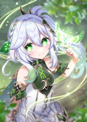 Rule 34 | 1girl, absurdres, bracelet, cape, child, commentary request, cross-shaped pupils, crystalfly (genshin impact), detached sleeves, dress, genshin impact, gradient hair, green cape, green eyes, green hair, hair ornament, highres, jewelry, leaf hair ornament, long hair, looking at viewer, multicolored hair, nahida (genshin impact), pointy ears, side ponytail, smile, solo, symbol-shaped pupils, tateko25wiz, white dress, white hair