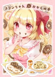 Rule 34 | 1girl, absurdres, alternate headwear, blonde hair, blush, bow, chocolate, doughnut, eating, finger in own mouth, flandre scarlet, food, food on face, hat, highres, holding, looking at viewer, mob cap, pastel (iero-guri-nn), pink background, plate, puffy short sleeves, puffy sleeves, red bow, red eyes, shirt, short hair, short sleeves, solo, touhou, upper body, v-shaped eyebrows, white hat, wings