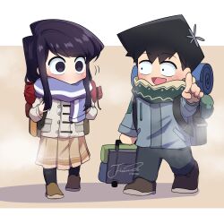 Rule 34 | 1boy, 1girl, absurdres, artist name, backpack, bag, black hair, black socks, brown footwear, brown skirt, chibi, commentary, flower, fog, full body, hair flower, hair ornament, highres, j humbo, jacket, komi-san wa komyushou desu, komi shouko, long hair, long sleeves, looking at another, no mouth, no nose, open mouth, outstretched arm, pointing, pointing at viewer, purple eyes, purple hair, scarf, shoes, short hair, signature, simple background, skirt, socks, standing, swept bangs, tadano hitohito, white background, winter clothes