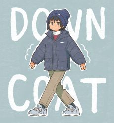 Rule 34 | 1girl, absurdres, beanie, black eyes, black hair, blue background, blue coat, blue footwear, blue hat, brown pants, closed mouth, coat, commentary request, english text, full body, hat, highres, long sleeves, looking at viewer, muji (uimss), original, pants, shoes, short hair, sneakers, solo, turtleneck