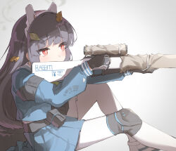 Rule 34 | 1girl, aiming, animal ears, belt pouch, black gloves, blue archive, blue hair, blue shirt, blue skirt, blunt bangs, bright pupils, fake animal ears, frown, gloves, grey halo, gun, halo, highres, holding, holding gun, holding weapon, knee pads, knees up, leaf, leaf on head, long hair, looking at object, miya kazutomo, miyu (blue archive), pantyhose, pleated skirt, pouch, rabbit ears, red eyes, sailor collar, school uniform, scope, shirt, simple background, single knee pad, sitting, skirt, sniping, solo, tactical clothes, weapon, weapon request, white background, white footwear, white pantyhose, white sailor collar