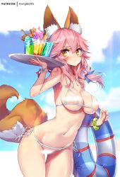Rule 34 | 1girl, animal ear fluff, animal ears, bare shoulders, bendy straw, bikini, blue bow, blue sky, blush, bow, bracelet, breasts, brown eyes, censored, censored nipples, closed mouth, cloud, cloudy sky, collarbone, colored pubic hair, cup, day, drink, drinking glass, drinking straw, fate/grand order, fate (series), female pubic hair, fingernails, food, fox ears, fox girl, fox tail, hair between eyes, hair bow, hand up, holding, holding tray, hong (white spider), ice cream, ice cream float, innertube, jewelry, large breasts, light censor, long hair, looking at viewer, nail polish, navel, pink hair, pubic hair, red nails, side-tie bikini bottom, signature, sky, solo, swim ring, swimsuit, tail, tamamo (fate), tamamo no mae (fate/extra), tamamo no mae (swimsuit lancer) (fate), transparent, tray, wafer stick, white bikini