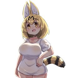 Rule 34 | 1girl, :d, alternate costume, animal ear fluff, animal ears, bad id, bad pixiv id, blonde hair, blush, breasts, brown eyes, collarbone, commentary request, cowboy shot, hair between eyes, hand on own hip, head tilt, kemono friends, large breasts, open mouth, serval (kemono friends), serval tail, shirt, short sleeves, simple background, smile, solo, striped tail, tail, u-non (annon&#039;an), white background, white shirt