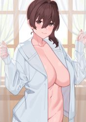 Rule 34 | 1girl, blouse, breasts, brown eyes, brown hair, cleavage, closed mouth, commentary request, curtains, franham, hair between eyes, highres, hood, hoodie, huge breasts, kaga (kancolle), kantai collection, long sleeves, navel, open clothes, open hoodie, open shirt, shirt, side ponytail, sleeves past wrists, smile, solo, white hoodie, window