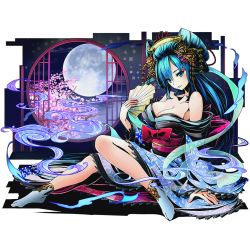 Rule 34 | 10s, 1girl, bare shoulders, blue eyes, blue hair, breasts, cleavage, collarbone, divine gate, hand fan, full body, full moon, hair ornament, holding, holding fan, japanese clothes, kimono, large breasts, long hair, moon, off shoulder, official art, ponytail, sash, socks, solo, transparent background, ucmm, very long hair, yukata