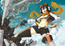 Rule 34 | 1girl, belt, black shorts, breasts, brown eyes, brown hair, character request, check character, cloud, cloudy sky, dated commentary, day, denchuubou, explosion, feet out of frame, flying, goggles, goggles on head, headphones, medium breasts, medium hair, midriff, open mouth, original, scarf, shorts, skull, sky, smoke, tank top, teeth, thighhighs, yellow scarf