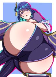 Rule 34 | 1girl, absurdres, artist request, ass, ass focus, blush, come hither, from behind, genshin impact, hair ornament, hairpin, highres, huge ass, japanese clothes, long hair, looking at viewer, naughty face, purple eyes, purple hair, raiden shogun, shiny clothes, shiny skin, short shorts, shorts, smile, solo, thighhighs