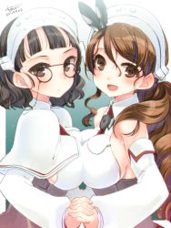 Rule 34 | 10s, 2girls, :d, bad id, bad twitter id, black hair, breast press, breasts, brown eyes, dated, detached sleeves, feathers, glasses, holding hands, hat, headgear, interlocked fingers, kantai collection, koruri, large breasts, littorio (kancolle), long hair, looking at viewer, multiple girls, open mouth, pince-nez, roma (kancolle), smile, symmetrical docking