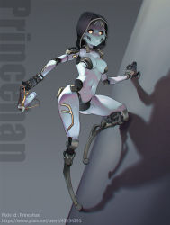 Rule 34 | 1girl, android, animification, apex legends, artificial vagina, artist name, ash (titanfall 2), black sclera, breasts, cleavage, colored sclera, glowing, glowing eyes, grey hair, highres, holding, hood, hood up, looking at viewer, medium breasts, metal skin, navel, orange eyes, princehan, redesign, science fiction, sex toy, shadow, simulacrum (titanfall), solo, watermark, web address