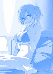 Rule 34 | 1girl, :d, barefoot, bed, bed sheet, bikini, blue theme, blush, breast suppress, breasts, character request, fang, female focus, halterneck, himura kiseki, large breasts, looking at viewer, monochrome, navel, on bed, open mouth, original, own hands clasped, own hands together, pillow, ponytail, short hair, side-tie bikini bottom, sitting, smile, solo, string bikini, swimsuit, wariza