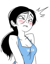 Rule 34 | 1girl, ahegao, blush, breasts, cleavage, colored skin, female focus, flat color, grey eyes, lip biting, nintendo, ponytail, solo, tank top, the pink pirate, upper body, white background, white skin, wii fit, wii fit trainer, wii fit trainer (female)