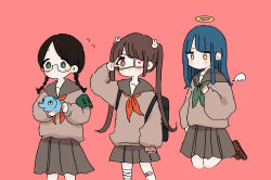 Rule 34 | 3girls, angel wings, armband, backpack, bag, bandaged leg, bandages, bandaid, bandaid on knee, bandaid on leg, black hair, blue hair, blunt bangs, blush stickers, braid, brown hair, closed mouth, dot mouth, eyepatch, floating, glasses, green eyes, hair ornament, halo, hand on own chest, heart, heart-shaped pupils, highres, jitome, long hair, long sleeves, medical eyepatch, multiple girls, neckerchief, original, parted bangs, pleated skirt, rabbit hair ornament, red eyes, school uniform, serafuku, skirt, symbol-shaped pupils, twin braids, v over eye, watering can, wings, wolf gugu, yellow eyes