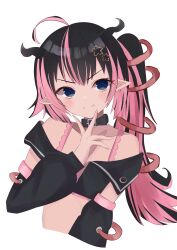 Rule 34 | 1girl, absurdres, ahoge, belt, belt collar, black belt, black hair, black horns, black jacket, black sleeves, blue eyes, blush, bra, closed mouth, collar, commentary request, cropped jacket, cropped torso, demon girl, demon horns, detached sleeves, earrings, fangs, fangs out, finger to own chin, flat chest, flower, hair flower, hair ornament, hair ribbon, highres, horns, jacket, jewelry, long hair, long sleeves, looking at viewer, medium bangs, multicolored hair, nanashi inc., off shoulder, oinomori may, oinomori may (1st costume), one side up, open clothes, open jacket, pink bra, pink hair, pink ribbon, pointy ears, ribbon, sairenji (o70at), simple background, single earring, sleeveless, sleeveless jacket, smile, solo, two-tone hair, underwear, upper body, virtual youtuber, white background