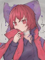 Rule 34 | 1girl, absurdres, bandage on neck, bandages, black shirt, bow, cloak, collared shirt, commentary request, hair bow, highres, long sleeves, nyo (fy 1), purple bow, red cloak, red eyes, red hair, sekibanki, shirt, short hair, solo, touhou