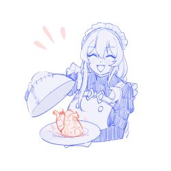 Rule 34 | 1girl, apron, blush, closed eyes, commentary, fang, heart (organ), highres, holding, holding plate, maid apron, maid headdress, monochrome, open mouth, original, plate, simple background, smile, solo, spot color, tuxiaoning not, white background