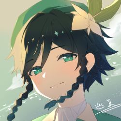 Rule 34 | 1boy, androgynous, beret, black hair, blue hair, braid, cape, closed mouth, cloud, collared cape, collared shirt, flower, genshin impact, gradient hair, green eyes, green hat, hair flower, hair ornament, hat, highres, leaf, long sleeves, looking at viewer, male focus, multicolored hair, shirt, short hair with long locks, simple background, smile, solo, twin braids, venti (genshin impact), white flower, white shirt, xunxia