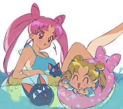 Rule 34 | 2girls, age difference, bishoujo senshi sailor moon, black cat, black lady (sailor moon), blonde hair, blush, breasts, cat, chibi usa, closed eyes, earrings, jewelry, luna-p, luna (sailor moon), medium breasts, multiple girls, open mouth, p m ame, pink hair, red eyes, simple background, size difference, swimsuit, tsukino usagi, water, white background