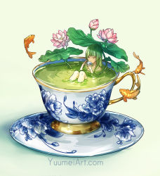 Rule 34 | 1girl, bathing, blunt bangs, closed eyes, commentary, cup, english commentary, fish, flower, flying fish, green hair, green tea, in container, in cup, koi, lily pad, long hair, lotus, mini person, minigirl, original, partially submerged, saucer, solo, tea, teacup, third-party source, watermark, web address, white background, yuumei