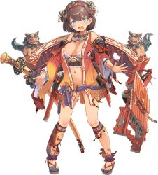 Rule 34 | 1girl, artist request, blue eyes, breasts, brown hair, cleavage, d:, detached sleeves, full body, hairband, katana, large breasts, official art, open clothes, open mouth, oshiro project:re, oshiro project:re, short hair, shuri (oshiro project), sword, torn clothes, transparent background, weapon