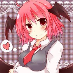 Rule 34 | 1girl, alternate hairstyle, bat wings, blush, breasts, chiya58, dress shirt, embodiment of scarlet devil, female focus, head wings, heart, koakuma, large breasts, long sleeves, necktie, plaid, plaid background, red eyes, red hair, red necktie, shirt, short hair, smile, solo, thought bubble, touhou, vest, wings
