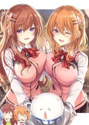 Rule 34 | 3girls, :d, ;d, aged up, alternate breast size, angora rabbit, asymmetrical docking, blush, breast press, breasts, brown hair, chibi, chibi inset, cup, gochuumon wa usagi desu ka?, hair between eyes, hair ornament, hairclip, highres, holding, holding hands, holding tray, hoto cocoa, hoto mocha, in container, in cup, indoors, interlocked fingers, kafuu chino, ks (xephyrks), large breasts, long hair, long sleeves, looking at viewer, medium hair, multiple girls, neck ribbon, one eye closed, one side up, open mouth, orange hair, outside border, pink vest, purple eyes, rabbit, rabbit house uniform, red ribbon, ribbon, shirt, siblings, sisters, smile, tippy (gochiusa), tray, vest, white shirt, wooden floor