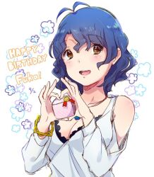 Rule 34 | 1girl, antenna hair, bare shoulders, birthday, blue hair, bow, breasts, brown eyes, character name, cleavage, clothing cutout, collarbone, commentary request, dated, eyelashes, frilled shirt, frills, gift, gold bracelet, happy birthday, heart, heart hands, holding, holding gift, idolmaster, idolmaster million live!, large bow, light blush, long sleeves, looking at viewer, medium breasts, open mouth, shirt, short hair, shoulder cutout, smile, solo, teeth, toyokawa fuka, upper body, wavy hair, white background, white shirt, witoi (roa)