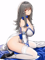Rule 34 | 1girl, ass, azur lane, bare shoulders, between legs, blue flower, blush, breasts, china dress, chinese clothes, cleavage, closed mouth, cross, cross earrings, dress, earrings, elbow gloves, eyes visible through hair, flower, full body, gloves, grey hair, hair between eyes, hand between legs, high heels, highres, jewelry, large breasts, light smile, long hair, looking at viewer, mole, mole under eye, red eyes, saint-louis (azur lane), saint-louis (holy knight&#039;s resplendence) (azur lane), saint-louis (holy knight&#039;s resplendence) (azur lane), simple background, sitting, siu (siu0207), sleeveless, sleeveless dress, solo, thighhighs, wariza, white background, white thighhighs