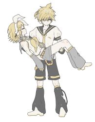 Rule 34 | 0211nami, 1boy, 1girl, ascot, averting eyes, black shorts, black sleeves, blonde hair, blue eyes, brother and sister, collared shirt, detached leggings, detached sleeves, full body, headset, kagamine len, kagamine rin, necktie, sailor collar, shirt, shoes, shorts, siblings, simple background, sleeveless, vocaloid, white background, white footwear, white shirt, yellow ascot, yellow necktie