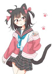 Rule 34 | 1girl, ahoge, animal ears, bandaid, bandaid on face, bandaid on nose, black hair, black skirt, blue neckerchief, blush, bow, eilanyaan, grey background, highres, long hair, neckerchief, open mouth, original, paw print, paw print background, pink bow, pink eyes, plaid, plaid skirt, school uniform, shirt tucked in, simple background, skirt, sleeves past wrists, solo, tail, twintails, uniform